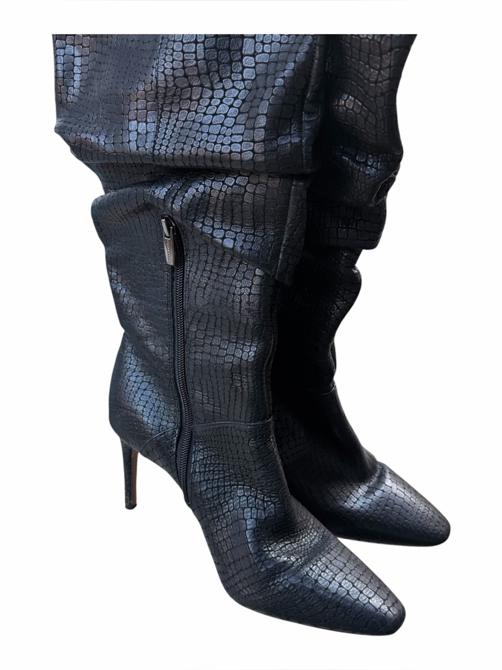Vince Camuto Armonda Black Croc-Embossed Stiletto Slouchy Knee High Boots Sz 9 - Picture 3 of 13